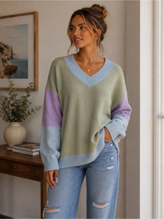Baltic Born Sweaters - Baltic Born Pastel Colorblock V-Neck Sweater - Sage, Lilac & Sky Blue
